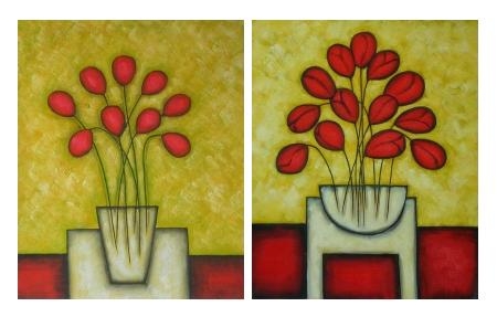 Květiny, moderní umění, , žlutá, červená, obrazy do bytu, dekorace interiéru