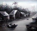 ručně malovaný obraz, levné obrazy, řeka, japonsko, levná dekorace. černobílý obraz