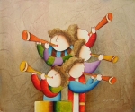 Obraz děti hrající na trubku, žlutá, červená, tyrkysová, modrá