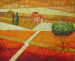 Cesta, rudá, oranžová, stromy, dům, dekorativní obraz, obraz do bytu, obraz do interieru.