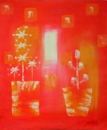 Květy, červené, bílé, oranžové, moderní dekorativní obraz, obraz do bytu, obraz do interieru.
