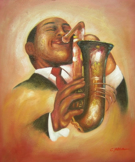 Jazzman, muž hrající na dechový nástroj, dekorativní obraz, obraz do bytu, obraz do interieru.