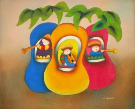 Obraz dětská kapela, žlutá, červená, fialová, modrá, tyrkysová, zelená