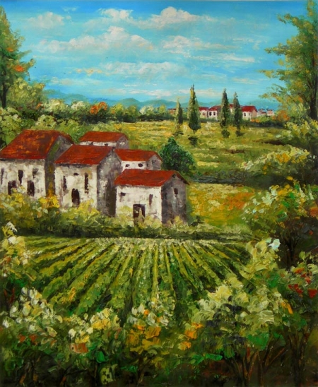 Vinné pole, dům krajina, nebe, moderní, dekorativní obraz, obraz do bytu, obraz do interieru.