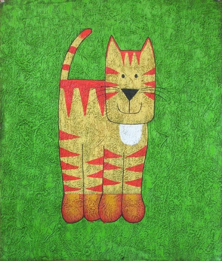 naivní malba, kočka, zelená, obraz do bytu, dekorace interiéru