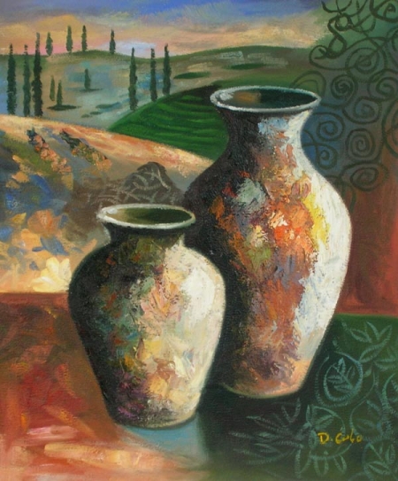 vázy, hliněné nádoby, zátiší, dekorace, obraz do bytu