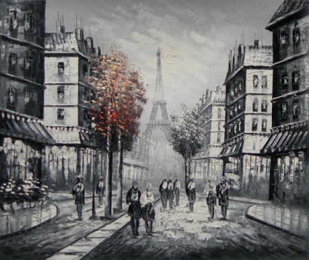 Ulice, černobíla, obraz na prodej, obraz ručně malovaný, obraz na plátně, červený strom, Paříž, dekorativní obraz, obraz do bytu, obraz do interieru.