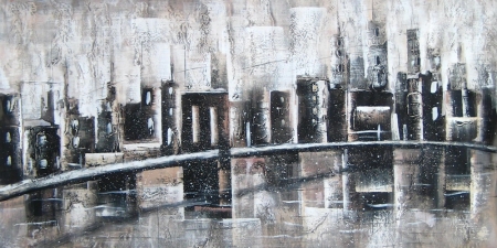 Ručně malovaný obraz, moderní obrazy, šedá, město, ruch města, černá, bílá, 50 odstínů šedi, most