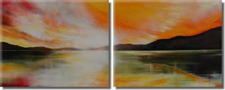 Ručně malovaný obrazový set, dvoudílný obrazový set, vícedílné obrazy, úsvit, slunce, oranžová, černá, zelená, žlutá, bílá, jezero hory. levné obrazy