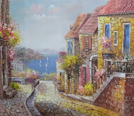 ručně malovaný obraz, obraz do interiéru, obraz moře, pobřežní město