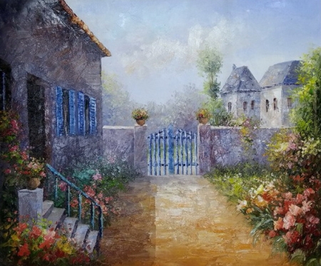 ručně malovaný obraz, obraz do interiéru, obraz domu, zahrada, příroda, květy