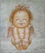 ručně malovaný obraz, obraz do interiéru, anděl, andělíček, děti, dítě, šedá