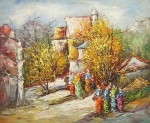 ručně malovaný obraz, obraz do interiéru, obraz vesnice, lidé, podzim