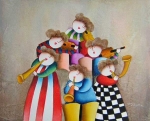 Obraz děti hrající na hudební nástroje, červená, bílá, šedá, zelená