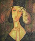 zamyšlená žena s kloboukem, dekorativní obraz, obraz do bytu, obraz do interieru.