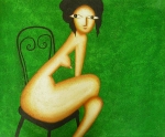 žena, zelená, židle, moderní umění.