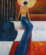 Žena, modré, sedící, moderní dekorativní obraz, obraz do bytu, obraz do interieru.