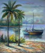 Ostrov, přístav. lodě, palmy, moderní dekorativní obraz, obraz do bytu, obraz do interieru.
