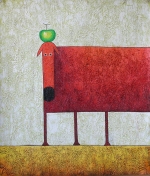 pes, jablko, šedá, červená, moderní umění, moderna