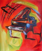 Klavír, barevný, hrající, červený, moderní, dekorativní obraz, obraz do bytu, obraz do interieru.