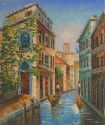 benátky, gondola, obraz na prodej, obraz ručně malovaný, obraz na plátně,obraz do bytu, venezia, ulice, domy