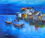lodě, moře, domy, chaloupky, modráobraz na prodej, obraz na plátně, obraz ručně malovaný.