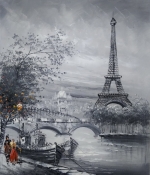 ručně malovaný obraz, obraz do interiéru,Paříž, obraz města, černobílý obraz , černá, šedá, bílá