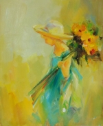 na zeď, ručně malovaný obraz, obraz do interiéru, dívka s květinami, žlutá, květy,
